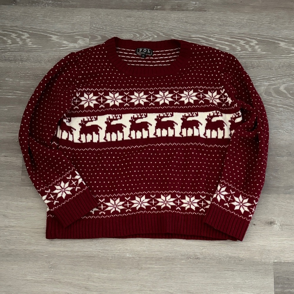POL Burgundy and White Christmas Sweater, Size XL